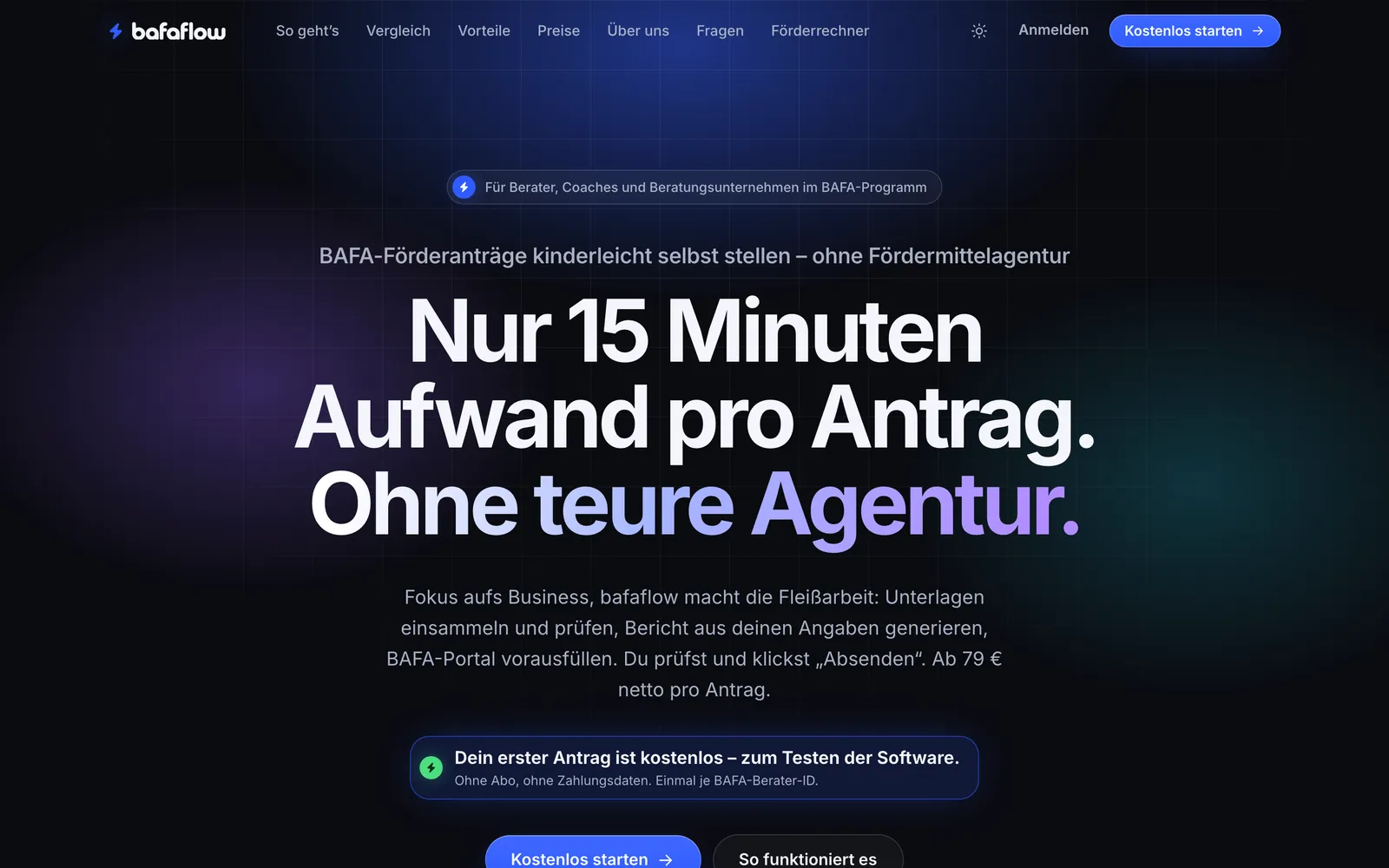 Startseite von bafaflow.de: dunkle Startseite mit großer Überschrift und Produktansicht