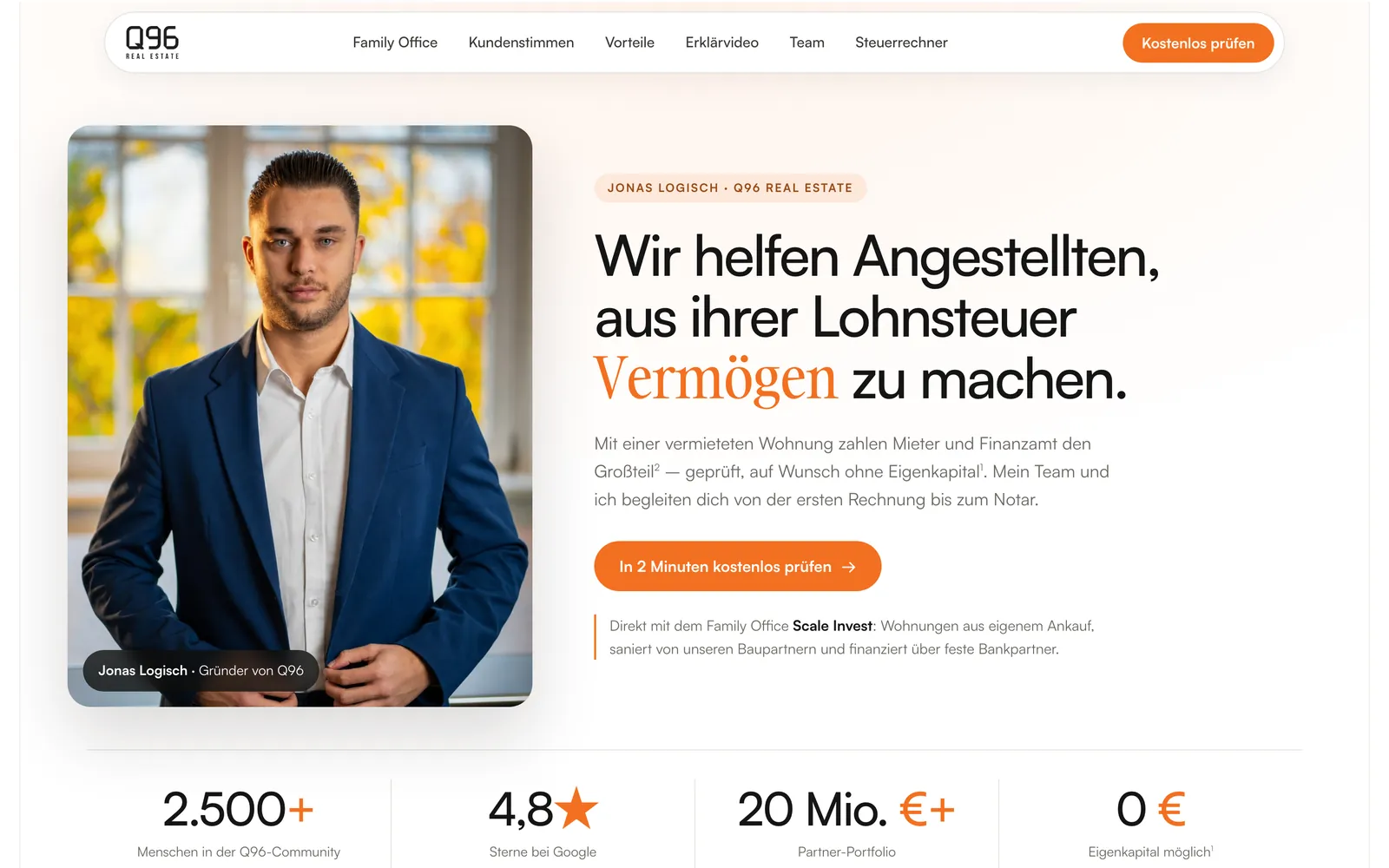 Startseite von q96.de: helle Startseite mit Porträt des Gründers und Kennzahlen